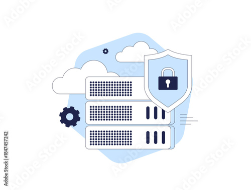 Cloud server data protection graphic shields information assets. Cloud data protection locks storage with encryption and compliance for 2026 secure business tech infrastructure. Vector illustration