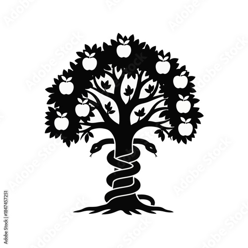 Tree of knowledge and life vector illustration. Symbolic apple tree with serpent. Biblical temptation concept. Isolated on transparent background