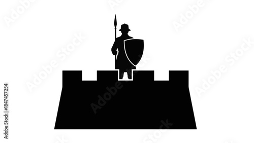 Watchman on castle wall silhouette icon. Guard with spear and shield. Minimalist flat design vector graphic isolated on transparent background