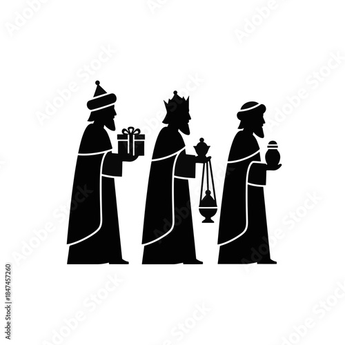 Three Wise Men silhouette vector illustration. Magi bringing gifts for Christmas and Epiphany. Religious holiday graphic isolated on transparent background