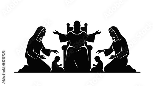 Solomon's judgment vector illustration. King, two mothers, and children silhouette. Biblical story and wisdom concept. Isolated graphic