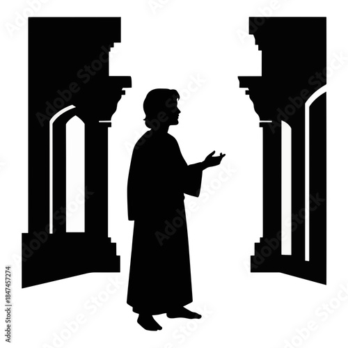 Jesus in the temple silhouette vector illustration. Biblical religious figure. Ancient architecture graphic isolated on transparent background