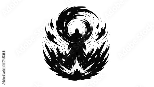Dark hooded figure silhouette vector illustration. Abstract swirling vortex energy. Mystery and fantasy concept. Isolated on transparent background