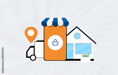 Delivery service logistics transport with location marker courier truck and home icon. Last mile shipping and package tracking for e-commerce delivery logistics, courier operations vector illustration