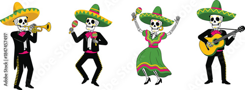 Day of the Dead Mariachi Skeleton Musicians Illustration with Sombreros, Guitar and Trumpet Isolated on White Background Design