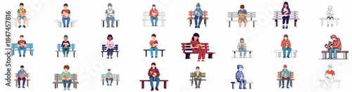 Diverse people sitting on benches, hugging and holding pet cats. A collection of colorful and line art vector illustrations representing animal companionship.
