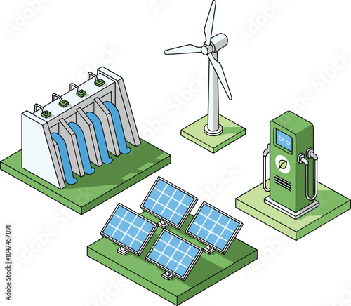 Isometric Renewable Energy Infrastructure Illustration Featuring Solar Panels, Wind Turbine, Hydroelectric Dam and Electric Vehicle Charging Station Technology Concept