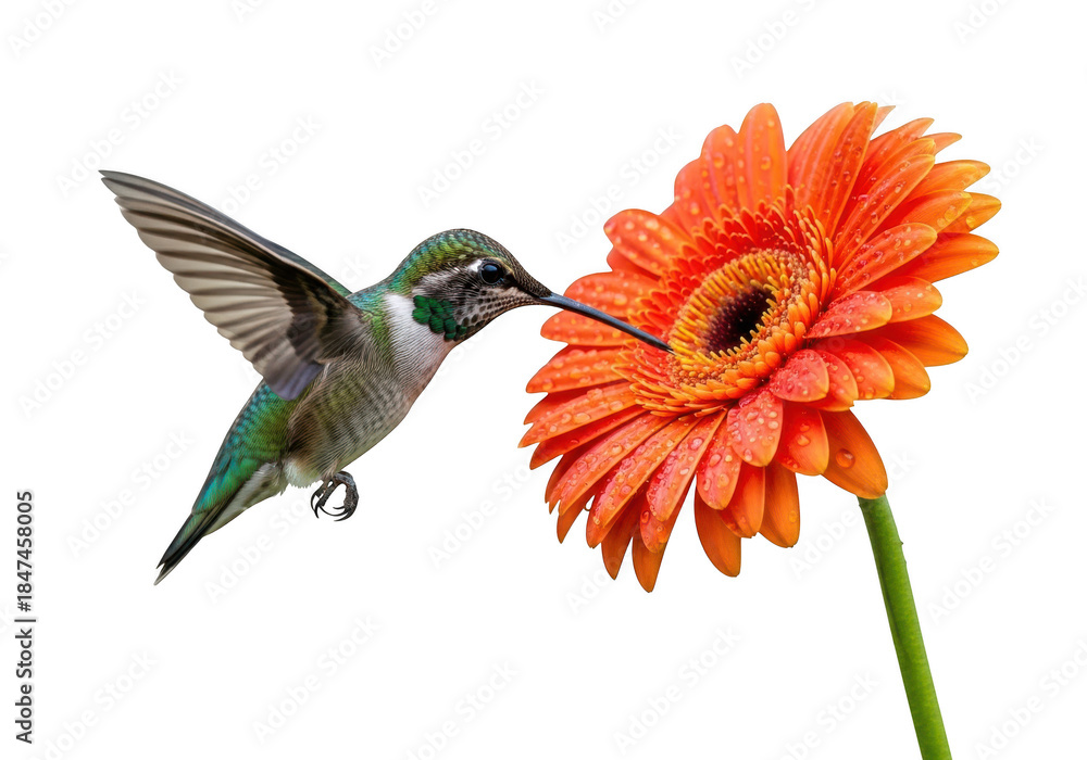 Obraz premium Hummingbird feeding on vibrant orange gerbera daisy with extended beak on transparent background