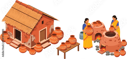 Traditional Indian Pottery Making Scene Illustration with Rural Mud House, Clay Pots and Village Women Crafting Earthenware Isolated on White Background