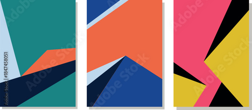 A Contemporary Collection of Modern Abstract Cover Designs Featuring Minimalist Aesthetics with Vibrant Colorful Geometric Backgrounds and Clean Vector Illustration Style