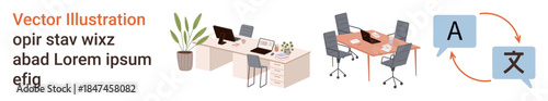 Office workflow, workplace organization, multilingual communication, teamwork, document management, translation services. Desks with computers and translation icons. Workflow and multilingual