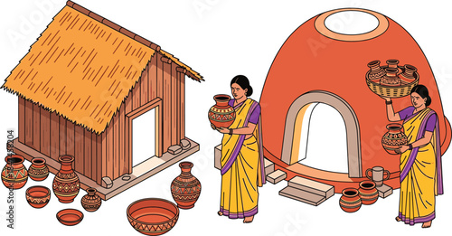Traditional Indian Village Life Illustration Showing Mud House, Pottery Making Women and Rural Culture Isolated on White Background Design