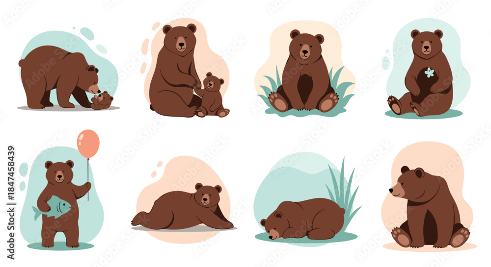 Fototapeta premium Collection of charming brown bear cartoon characters in various poses, including a mother with her cub, sleeping, sitting, and holding a balloon.
