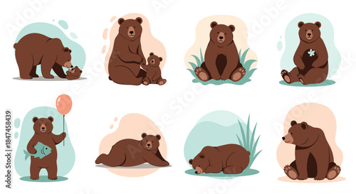 Collection of charming brown bear cartoon characters in various poses, including a mother with her cub, sleeping, sitting, and holding a balloon.