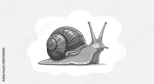 Highly detailed and realistic black and white sketch-style illustration of a garden snail with a spiral shell, crawling forward.