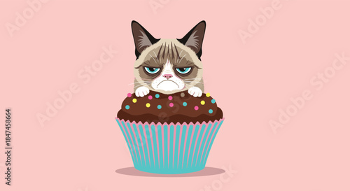 Funny illustration of the famous Grumpy Cat with its iconic frown, peeking out from inside a chocolate cupcake with colorful sprinkles.