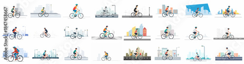 Collection of Flat Illustrations: Cyclists Riding Bicycles in Cityscapes for Commuting, Sport, and Urban Mobility.