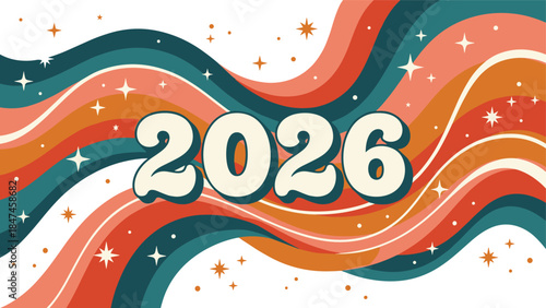 Happy New Year 2026 celebration concept featuring retro style colorful wavy lines and stars on white background vector illustration.