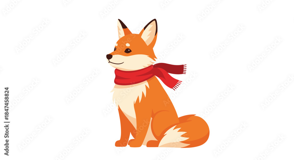 Fototapeta premium Adorable cartoon red fox wearing a cozy red winter scarf, sitting politely with a gentle smile and a fluffy tail on a white background.