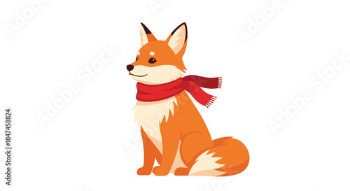 Adorable cartoon red fox wearing a cozy red winter scarf, sitting politely with a gentle smile and a fluffy tail on a white background.