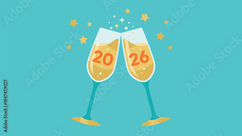 Festive New Year 2026 celebration concept featuring two champagne glasses toasting with golden bubbles and stars on turquoise background vector. (20 Words)