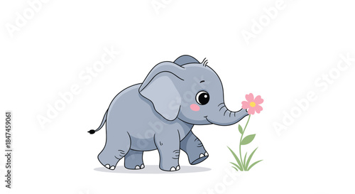 Sweet cartoon baby elephant walking with a gentle expression and smelling a delicate pink flower with its trunk on a white background.
