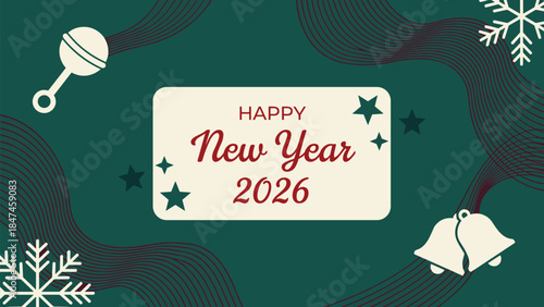 Happy New Year 2026 greeting card on dark green background with bells snowflakes and rattle decoration vector illustration.