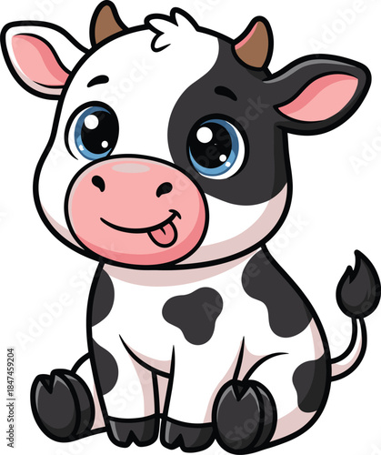 Baby cow cartoon illustration, cute calf sitting, black white pink design, expressive eyes, children’s animal graphic, playful vector style