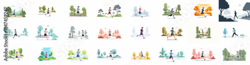 Vector illustration set of men jogging and running in parks, representing fitness, outdoor exercise, and healthy lifestyle activities.