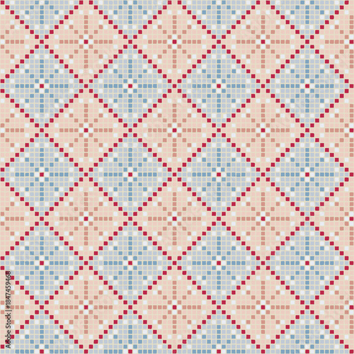 winter repetitive background. snowflakes from hand drawn pixels. vector seamless pattern. modern decorative art. geometric fabric swatch. embroidery template. blue, red textile design
