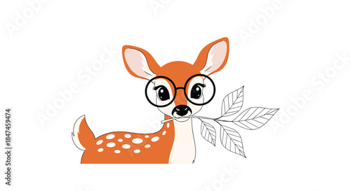 Adorable baby deer or fawn wearing large, round nerdy glasses while holding a stylized, half-colored branch with leaves in its mouth.