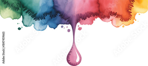 Liquid ink drop spreading into gradient watercolor on white