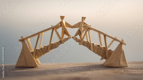 Origami paper bridge with two human figures spanning a chasm, a concept of unity, cooperation and connection on a minimalist background