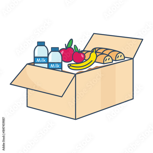 food supplies in cardboard boxes vector illustration element design template