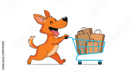 A happy and excited cartoon dog running while pushing a shopping cart full of paper bags, enjoying a shopping spree on its own.