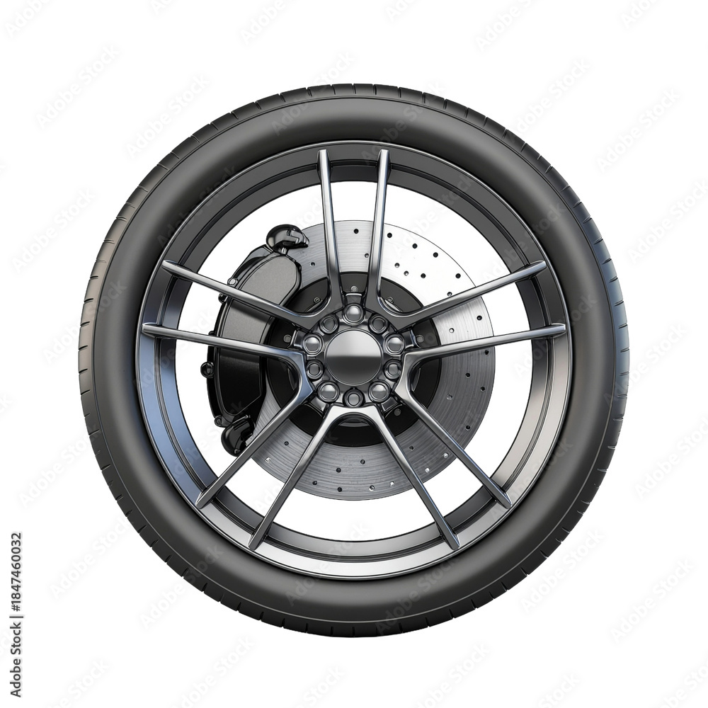 Obraz premium Car tire on alloy wheels with disc brake an isolated on background.