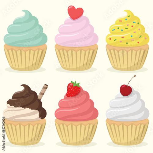 Cute colourful cupcakes set with cream, wafer roll, cherry, strawberry, decorative heart, chocolate icing and sprinkles. Dessert vector illustration.