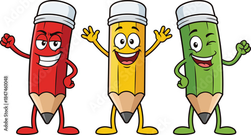 Cartoon pencil characters, red yellow green school supplies, editable vector clipart, isolated, expressive faces, fun classroom illustration