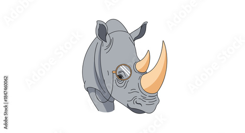 A sophisticated and quirky illustration of a rhinoceros head wearing a golden monocle, giving it an air of old-fashioned intelligence.