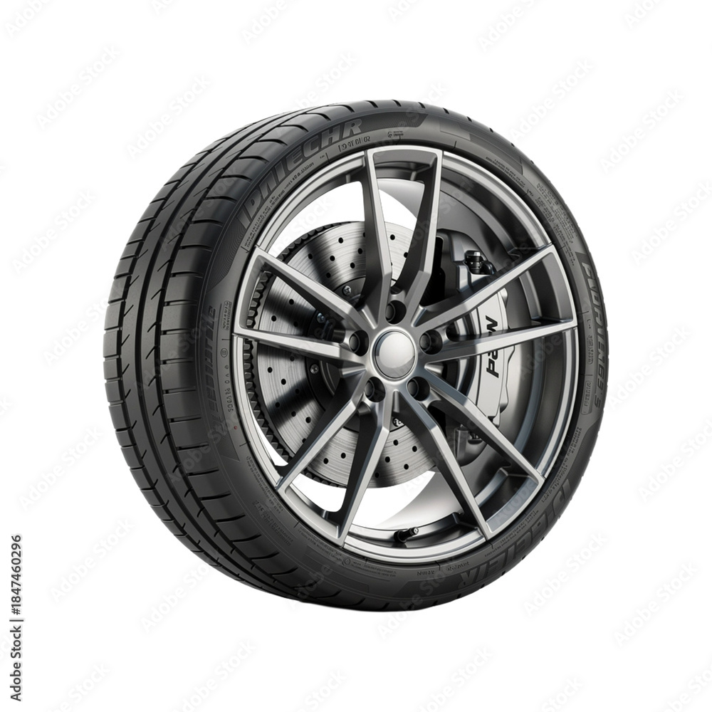 Fototapeta premium Car tire on alloy wheels with disc brake an isolated on background.