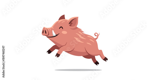 A joyful and energetic cartoon wild boar or piglet with a happy, smiling face, captured mid-air while happily leaping or running.