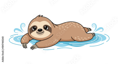 A cute and relaxed cartoon sloth happily floating or swimming on its back in calm blue water, with a content smile on its face.