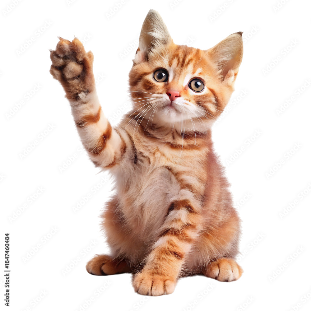 Obraz premium An adorable orange tabby cat sitting and waving with its right paw