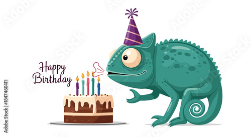 A happy birthday greeting card illustration featuring a cute green chameleon in a party hat, blowing out candles on a chocolate cake.