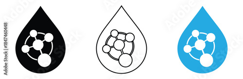Molecular water droplet icons in black, white, and blue,Water drop icon set. Raindrops icon set, oil or water droplet vector symbol, blood or tear sign.