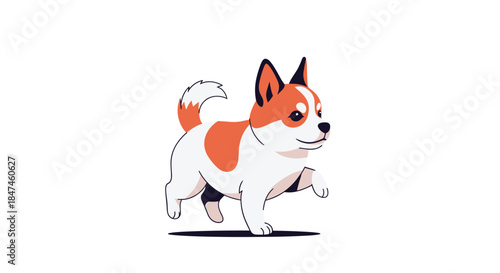 A simple and clean animated-style illustration of a cute, small corgi or shiba inu type dog trotting happily on a white background.