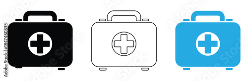 First aid kits in black, white, and blue for medical emergencies,First aid kit icon. Simple first aid kit icon for social media, app and web design. Vector illustration.first aid box icon