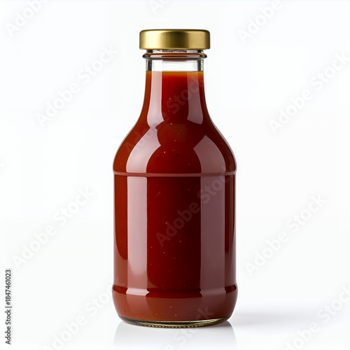 Condiment bottle filled with luscious red sauce isolated on clean white backdrop