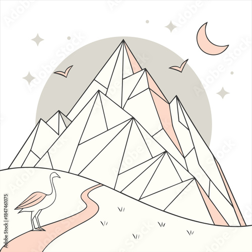 Minimalist mountain landscape with a lone bird on a winding path under a crescent moon