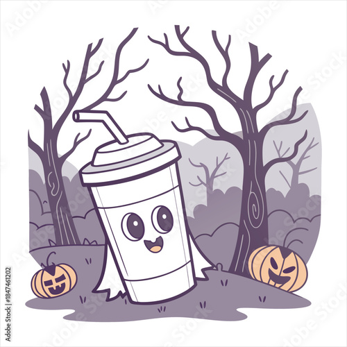 A cheerful ghostly beverage cup celebrates halloween amidst bare trees and smiling pumpkins